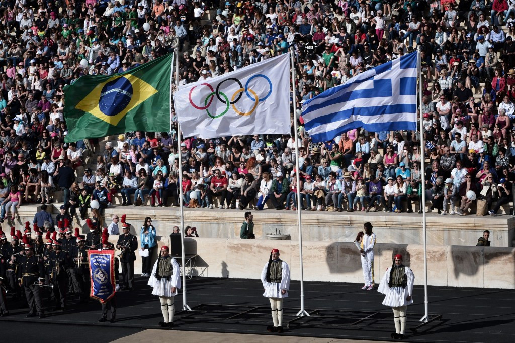 The Olympic flame was officially passed over to Rio 2016 at Panathinaiko Stadium in Athens ©Getty Images