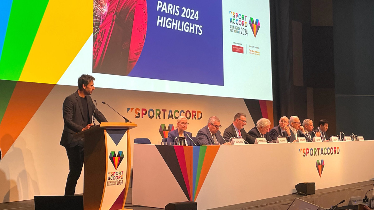 Paris 2024 President Tony Estanguet addresses the ASOIF General Assembly. ASOIF