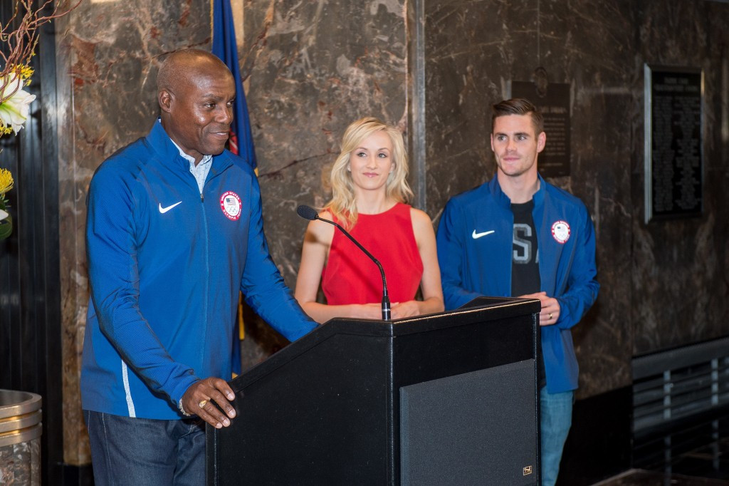 Carl Lewis, Nastia Liukin and David Boudia attended a United States' team event at the Empire State building ©Getty Images