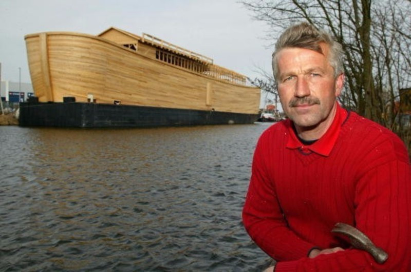 Dutch builder Johan Huibers sits near the Ark he constructed before leaving for its planned Atlantic crossing ©Getty Images