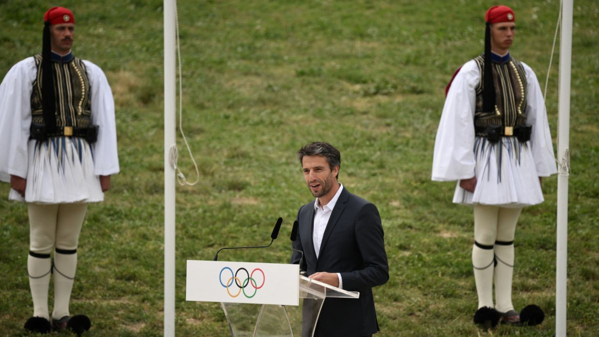 Paris 2024 Organising Committee president Tony Estanguet delivers a speech. GETTY IMAGES