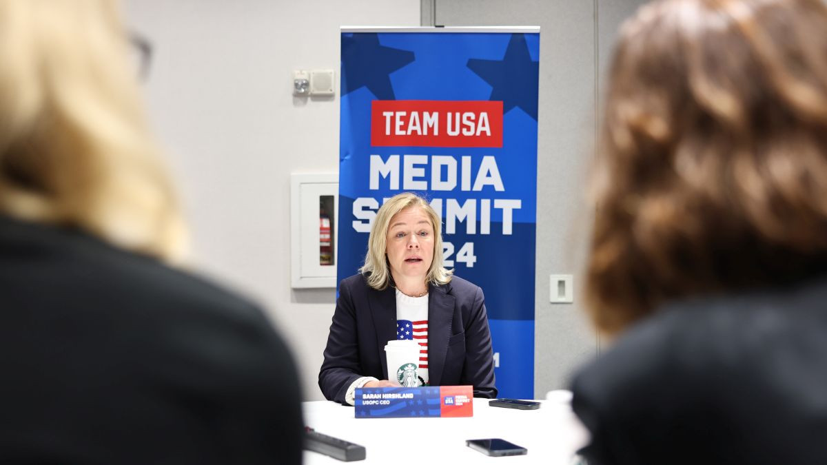 Sarah Hirshland, CEO of United States Olympic & Paralympic Committee, speaks to the media at the Team USA Media Summit. GETTY IMAGES