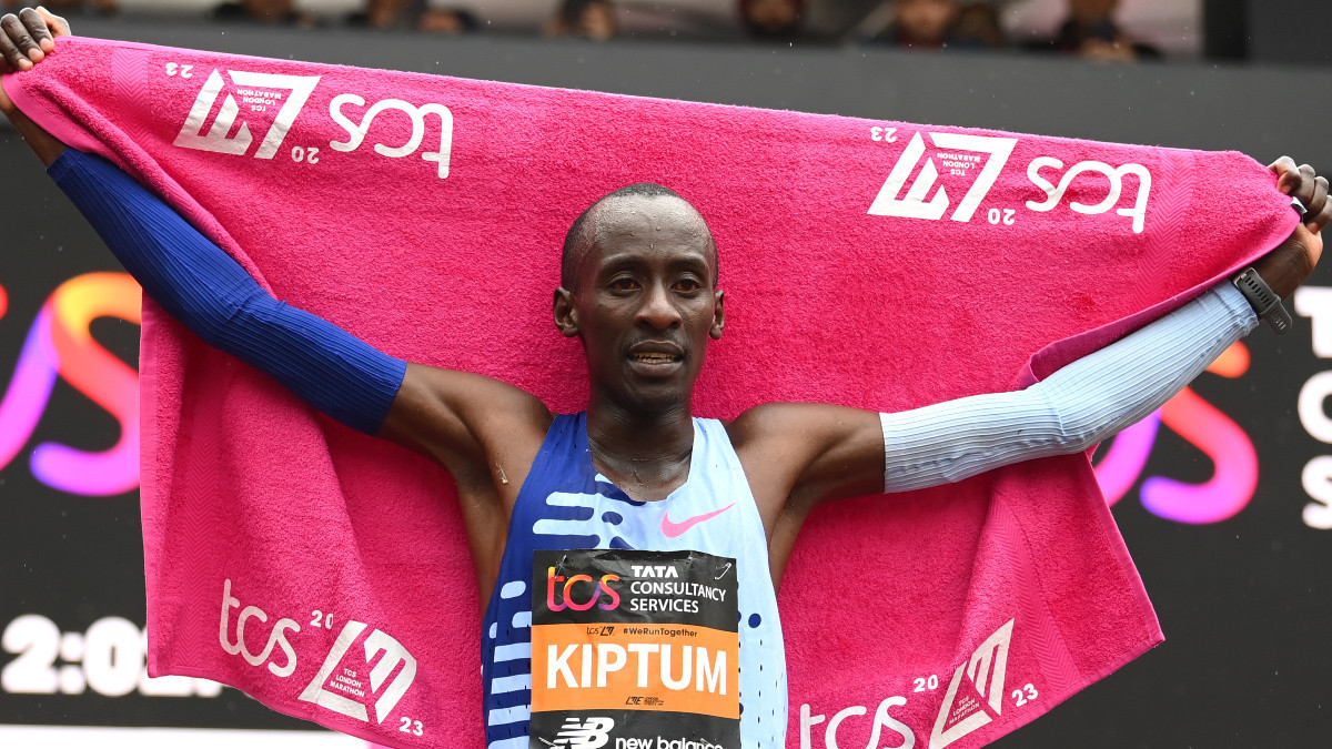 Kelvin Kiptum after winning the 2023 London Marathon. GETTY IMAGES.