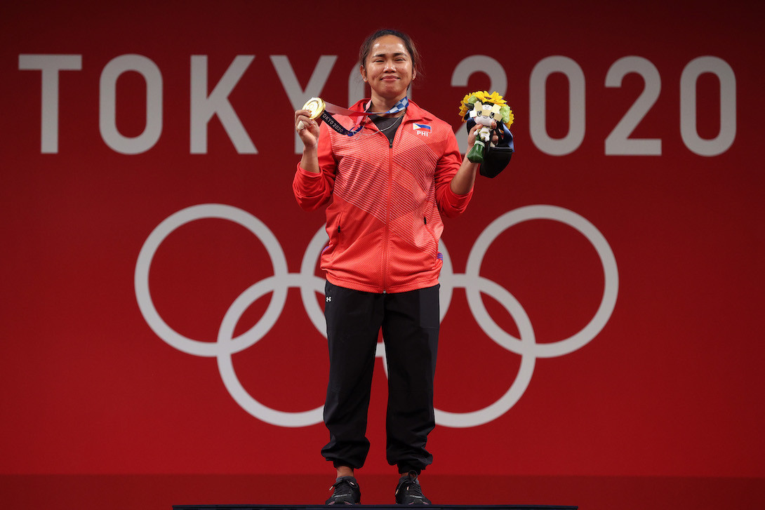 Tokyo 2020 women's 55kg weightlifting gold medallist Hidilyn Diaz of the Philippines. GETTY IMAGES