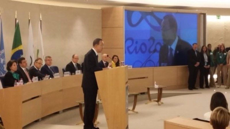 Ban Ki Moon addressing the United Nations following the arrival of the Olympic Flame this morning ©IOC/Twitter