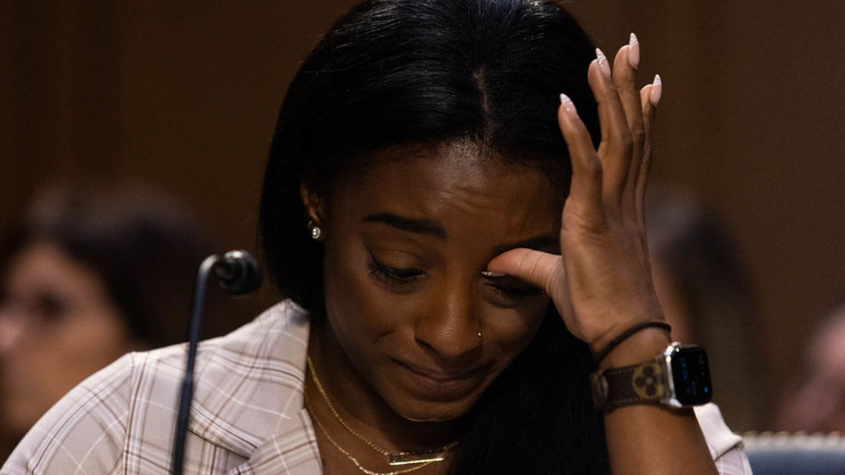 Simone Biles during her testimony in 2021. GETTY IMAGES