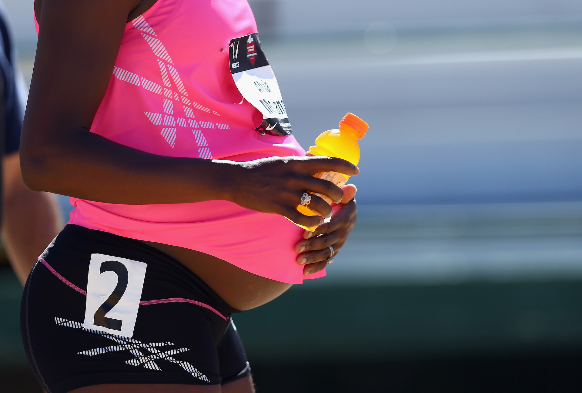 A pregnant Alysia Montano is pictured after running in the opening round of the Women's 800 Meter on day 2 of the USATF Outdoor Championships at Hornet Stadium on June 26, 2014 in Sacramento, California. GETTY IMAGES