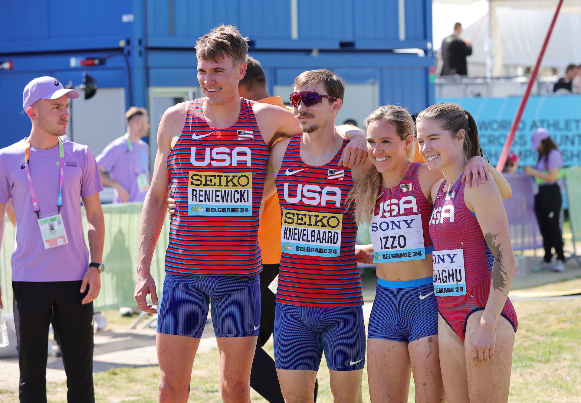 Johnathan Reniewicki with Kasey Knevelbaard, Katie Izzo and Ella Donaghu at the World Athletics Cross Country finals Championships 2024. GETTY IMAGES