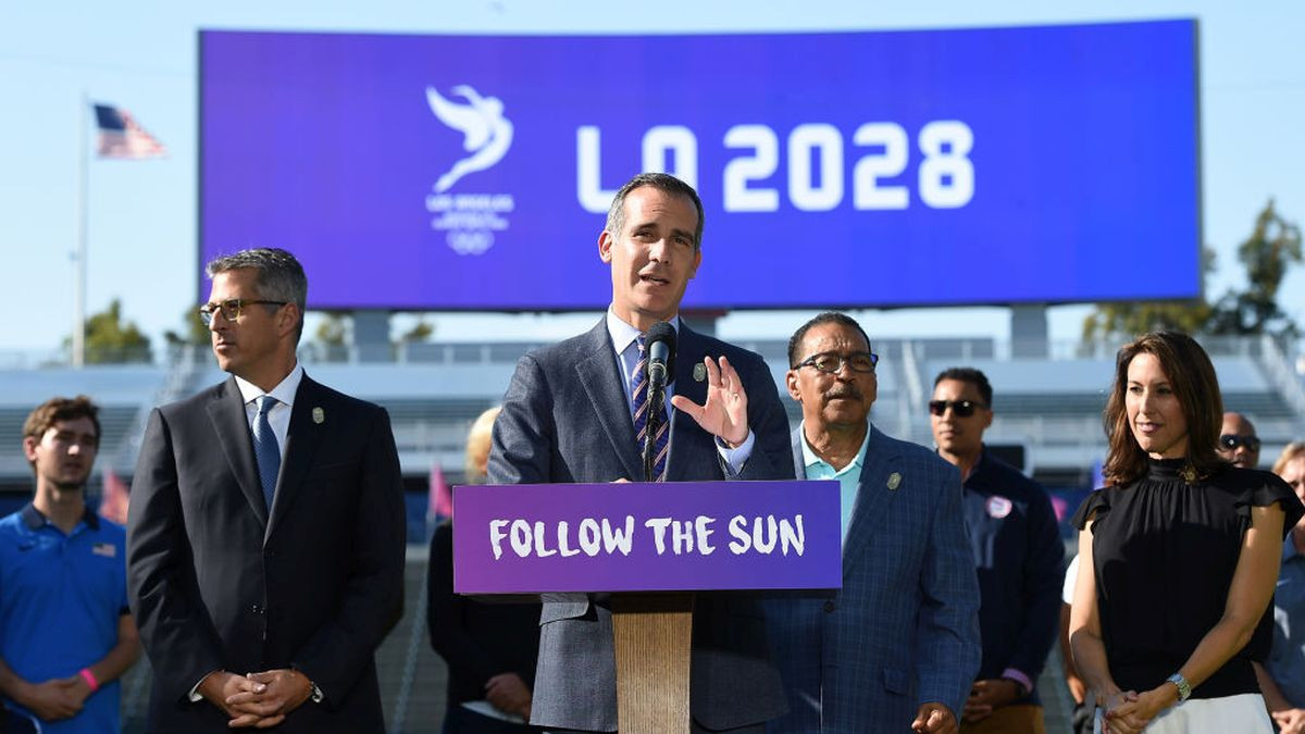 Los Angeles Mayor Eric Garcetti speaks at the podium as he announces a deal has been reached with the IOC to host the 2028 Summer Olympics. GETTY IMAGES