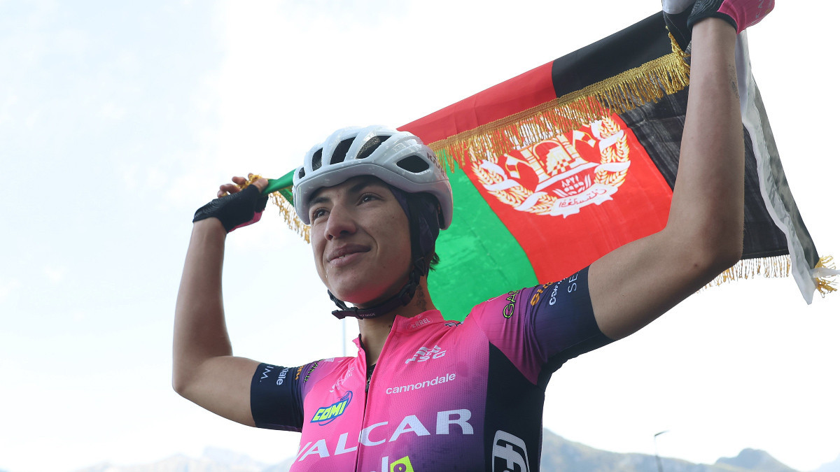 Cyclist Fariba Hashimi after winning the 2022 Afghan Women's Road Championships. GETTY IMAGES