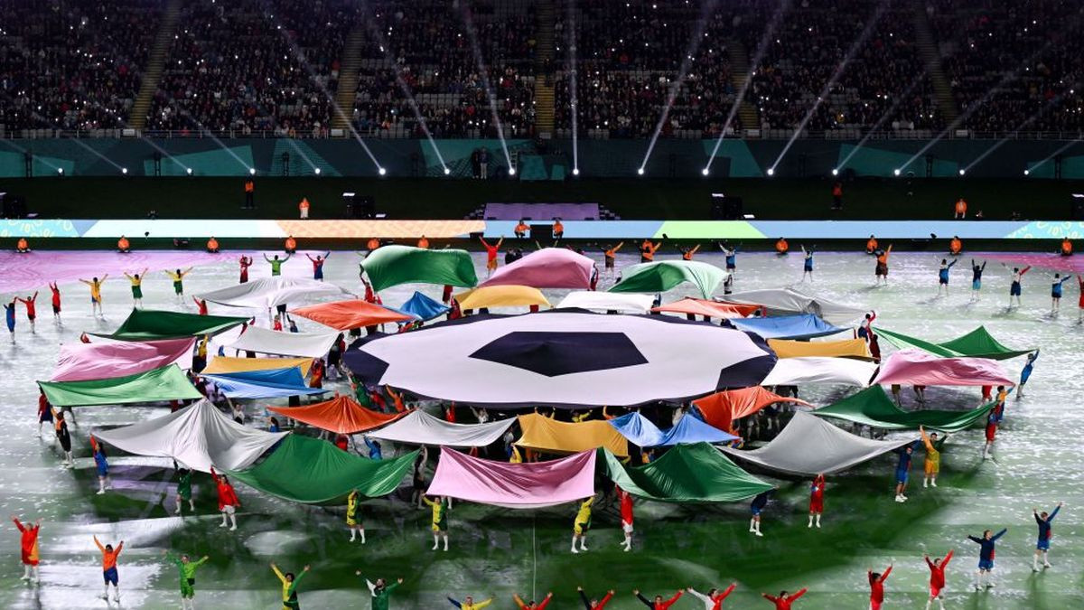 The official logo of the Australia and New Zealand 2023 Women's World Cup is displayed during the opening ceremony at Eden Park in Auckland on July 2023. GETTY IMAGES
