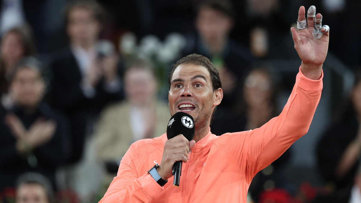 Rafael Nadal gives a farewell speech after his Madrid Open exit. GETTY IMAGES