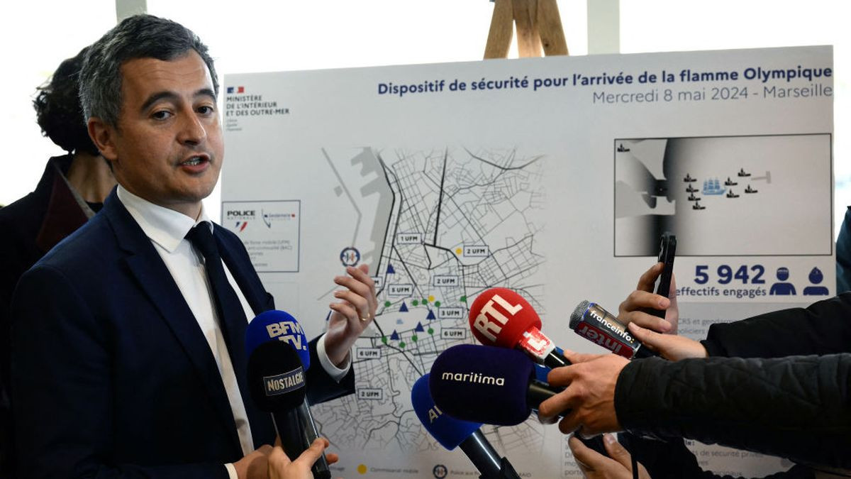 France's Minister for Interior and Overseas Gerald Darmanin (R) during a visit to oversee preparations ahead of the Olympic torch arrival in Marseille. GETTY IMAGES