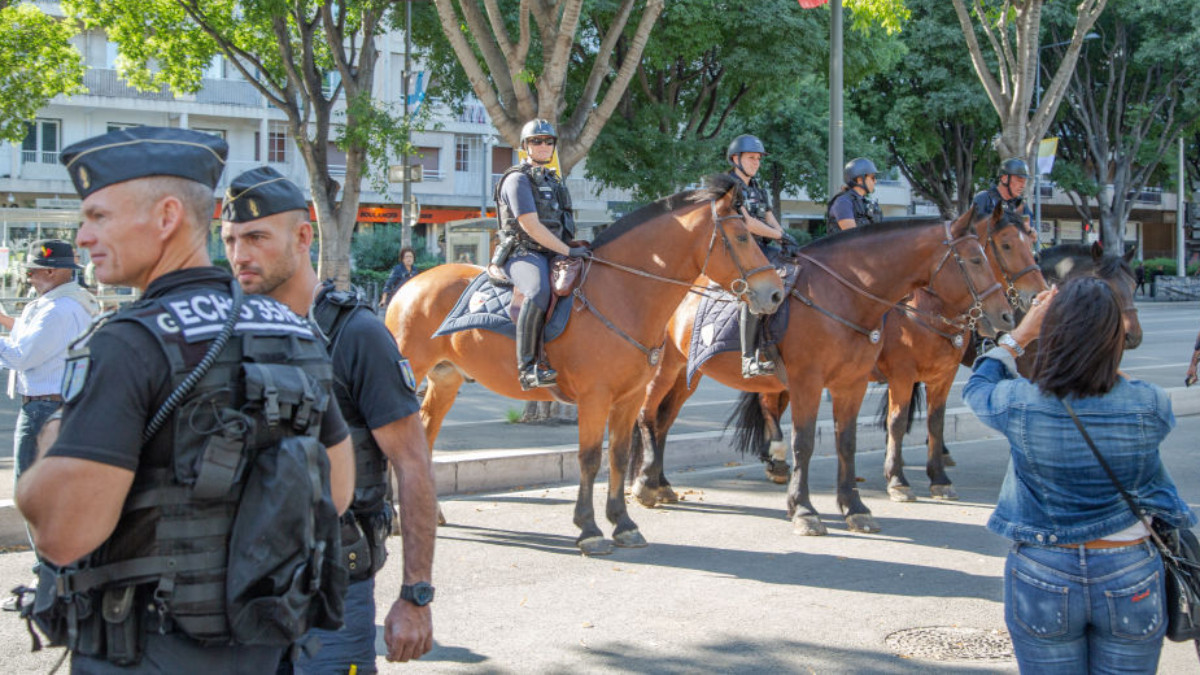 Police on horseback provide security around the Velodrome Stadium on September 2023 in Marseille.GETTY IMAGES