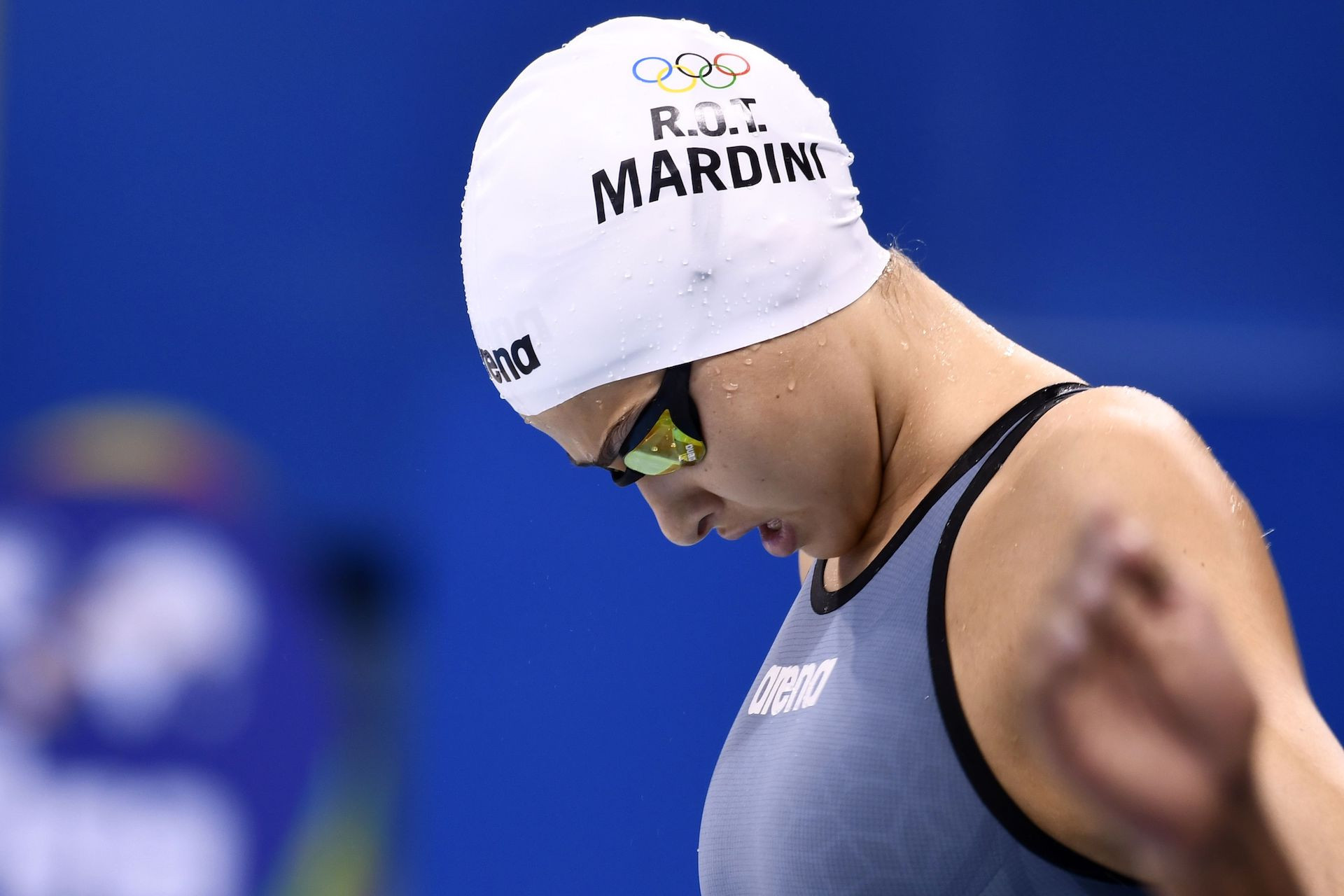 Yusra Mardini prepares for the women's 100m freestyle heat at the Rio 2016 Olympic Games. GETTY IMAGES