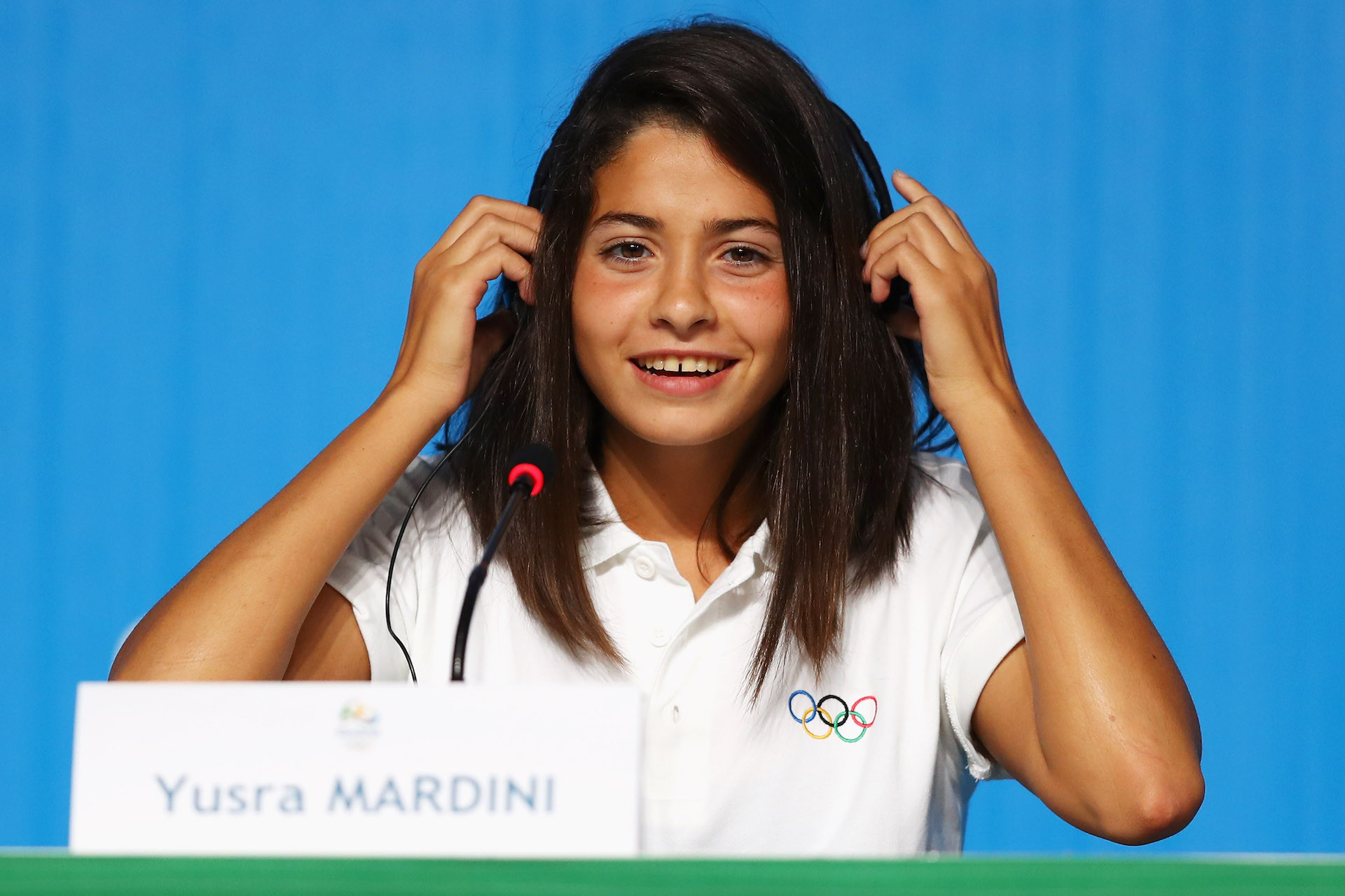 Yusra Mardini at a press conference in Rio 2016. GETTY IMAGES