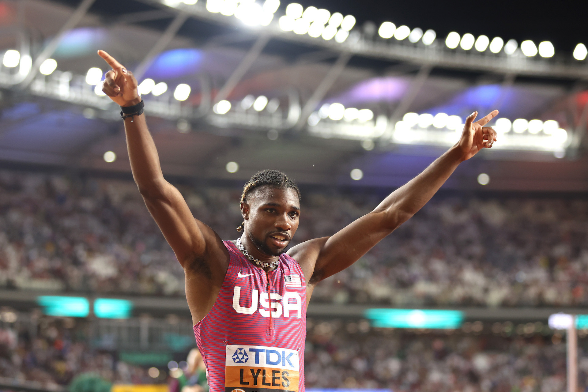 Noah Lyles of Team United States celebrates winning the Men's 200m at the World Athletics Championships Budapest 2023. GETTY IMAGES