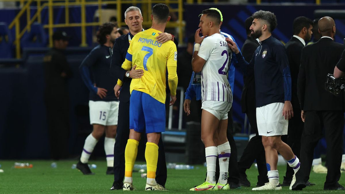 Cristiano Ronaldo interacts with Hernan Crespo, Head Coach of Al Ain, following a loss in the penalty shootout in the AFC Champions League Quarter Final. GETTY IMAGES