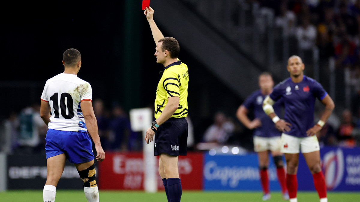 Namibia's Johan Deysel is sent off by referee Matthew Carley at the 2023 World Cup. GETTY IMAGES