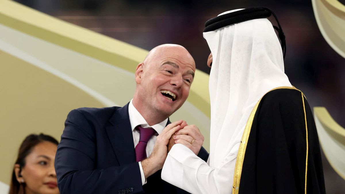 Gianni Infantino, President of FIFA and Tamim bin Hamad Al Thani, Emir of Qatar, interact following the AFC Asian Cup final. GETTY IMAGES