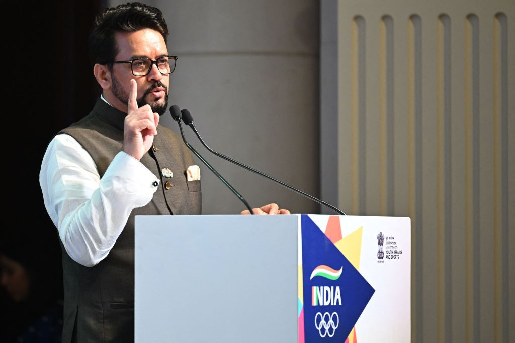 Anurag Singh Thakur delivers a speech during a send off ceremony for the Indian athletes . GETTY IMAGES