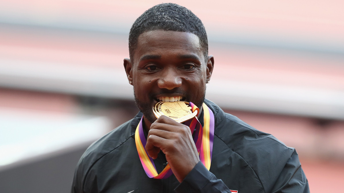 Justin Gatlin after winning the 100m title at the 2017 London World Championships. GETTY IMAGES