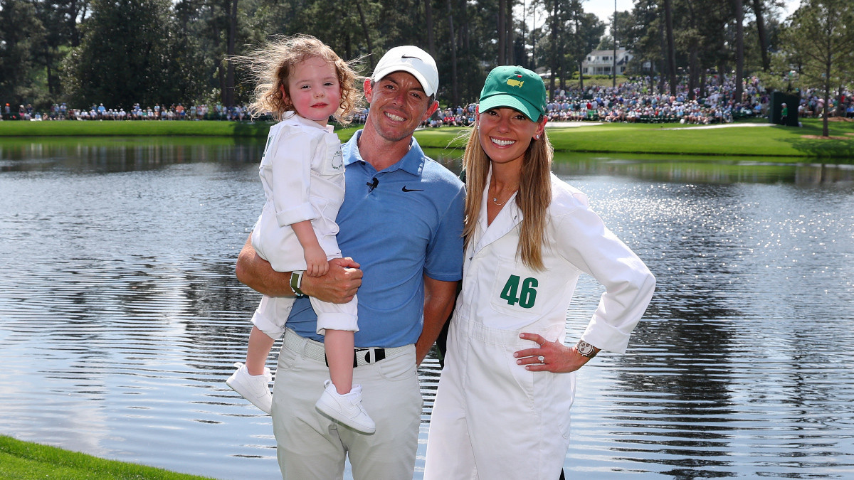 Rory McIlroy with wife Erica and daughter Poppy at the 2023 Masters Par-3 tournament. GETTY IMAGES