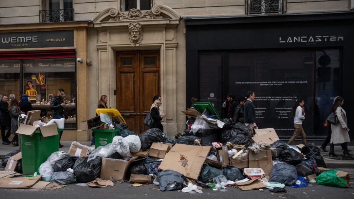 Rubbish lies in a street on March 2023 in Paris. The country has experienced weeks of protests and strike actions related to a rise in the pension age. GETTY IMAGES