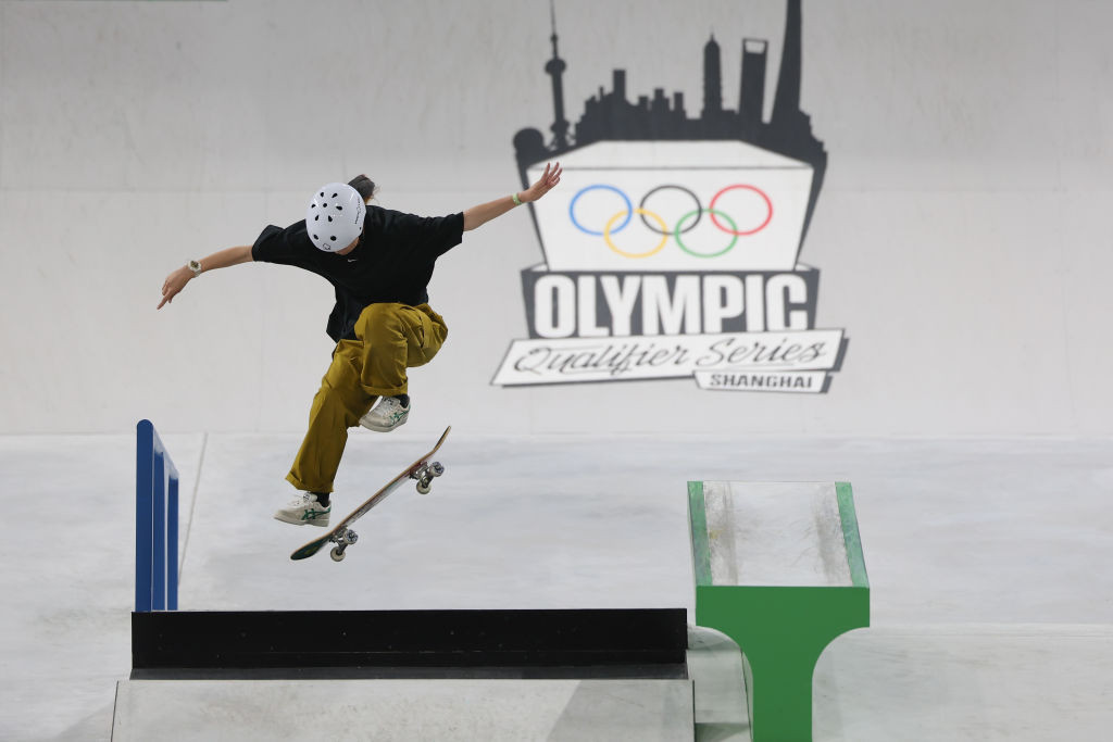 Akama Liz competes in the women's skateboarding street prelims. GETTY IMAGES