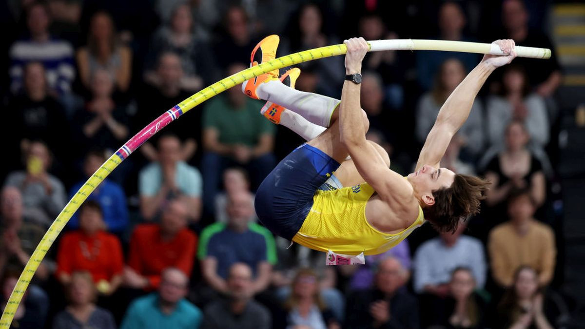 Armand Duplantis competes in the Men's Pole Vault Final on Day Three of the World Athletics Indoor Championships Glasgow 2024 on March 2024 in Glasgow. GETTY IMAGES
