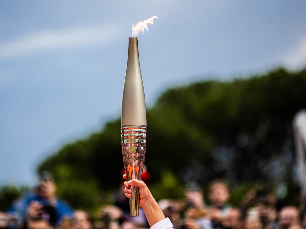 The Paris 2024 Olympic torch at the Palais des Rois de Majorque in Perpignan. GETTY IMAGES