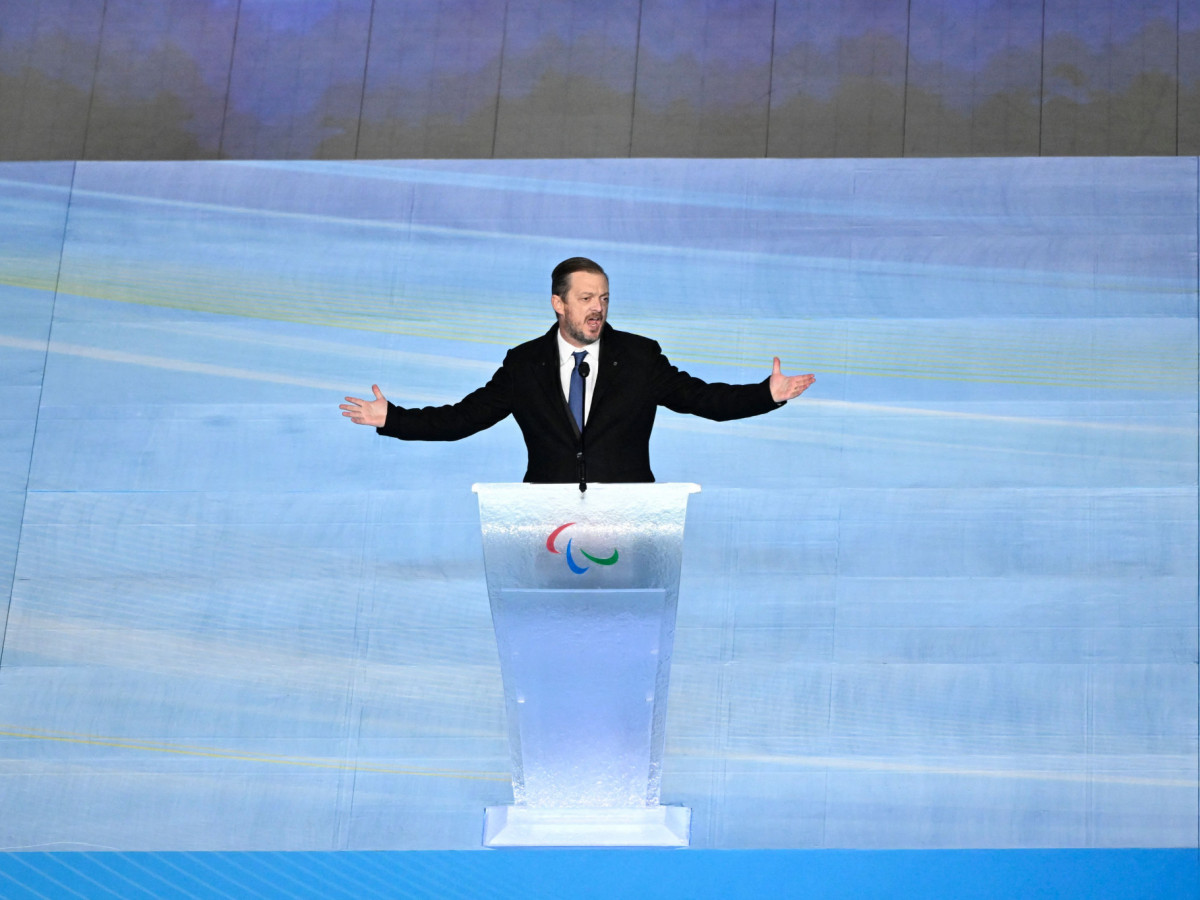 IPC president Andrew Parsons speaks during the closing ceremony of the Beijing 2022 Winter Paralympic Games. GETTY IMAGES