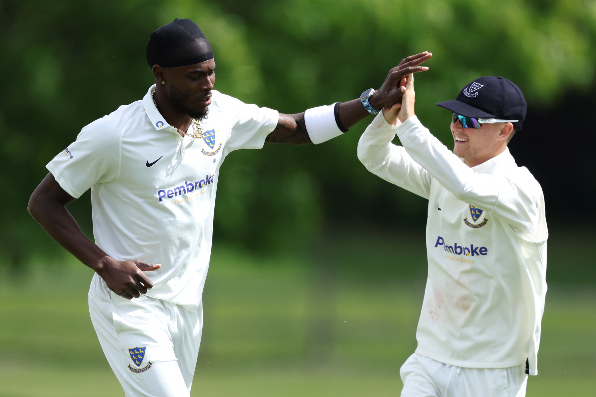 England cricketer Jofra Archer (left) recently took a wicket for Sussex on his recent return from injury. GETTY IMAGES