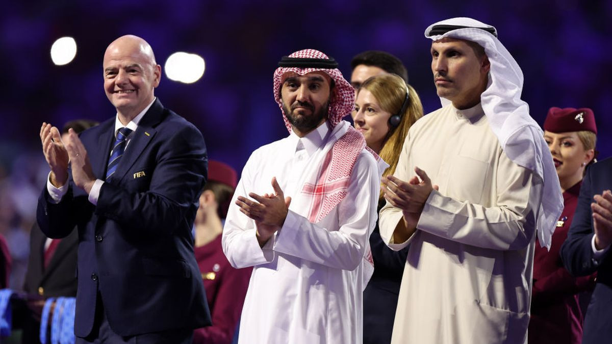 Gianni Infantino(FIFA), Prince Abdulaziz bin Turki Al Faisal and Khaldoon Khalifa Al Mubarakapplaud following the FIFA Club World Cup Saudi Arabia 2023. GETTY IMAGES