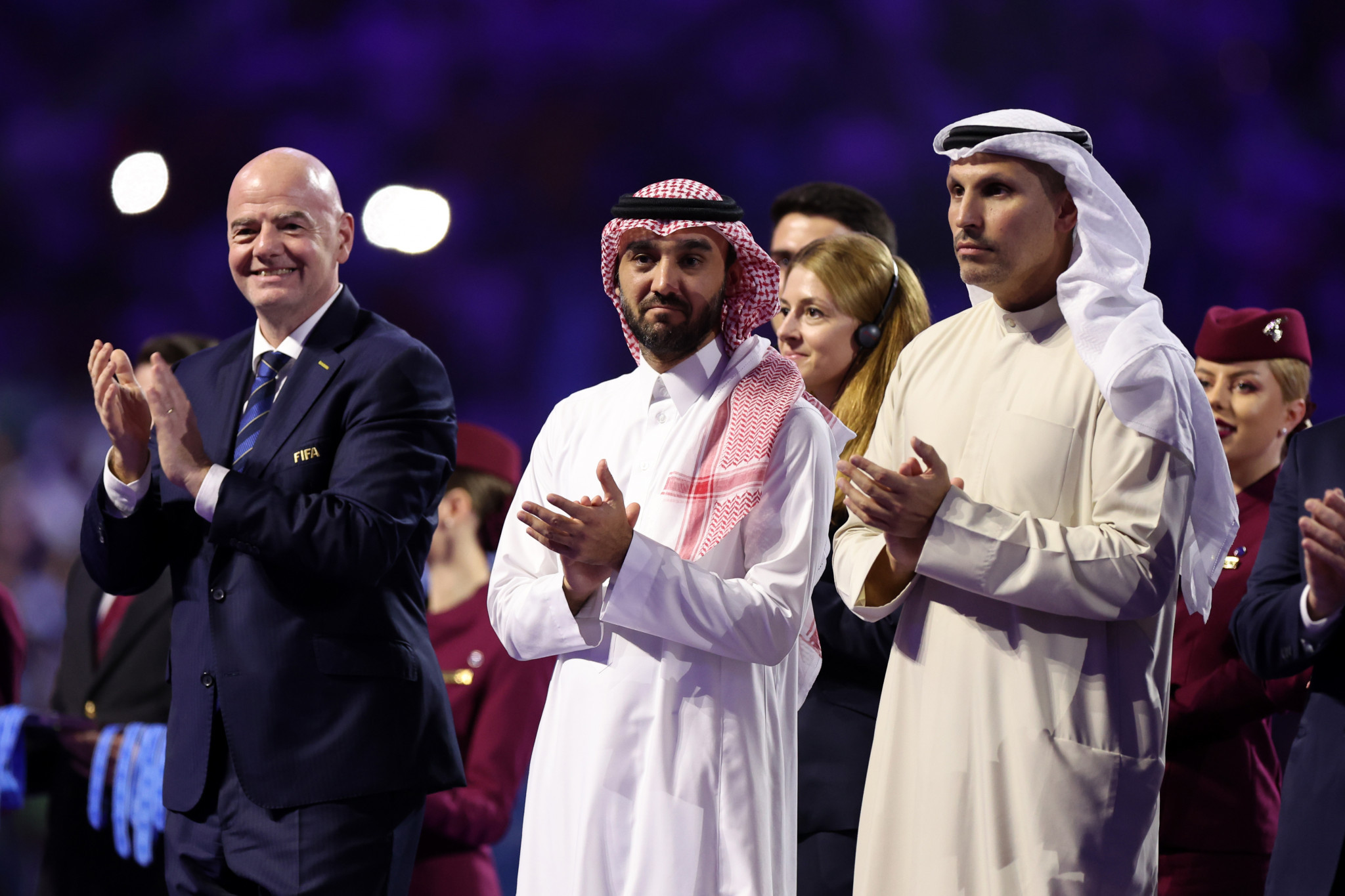 Gianni Infantino, President of FIFA, with Prince Abdulaziz bin Turki Al Faisal and Khaldoon Khalifa Al Mubarak. GETTY IMAGES