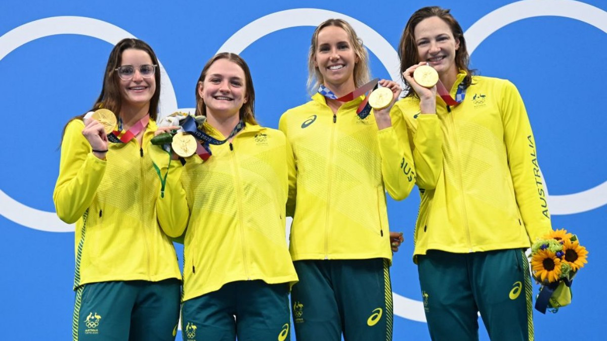 Hodges, second from left, with the Australian team that won the gold medal at the Tokyo 2020 Games. GETTY IMAGES