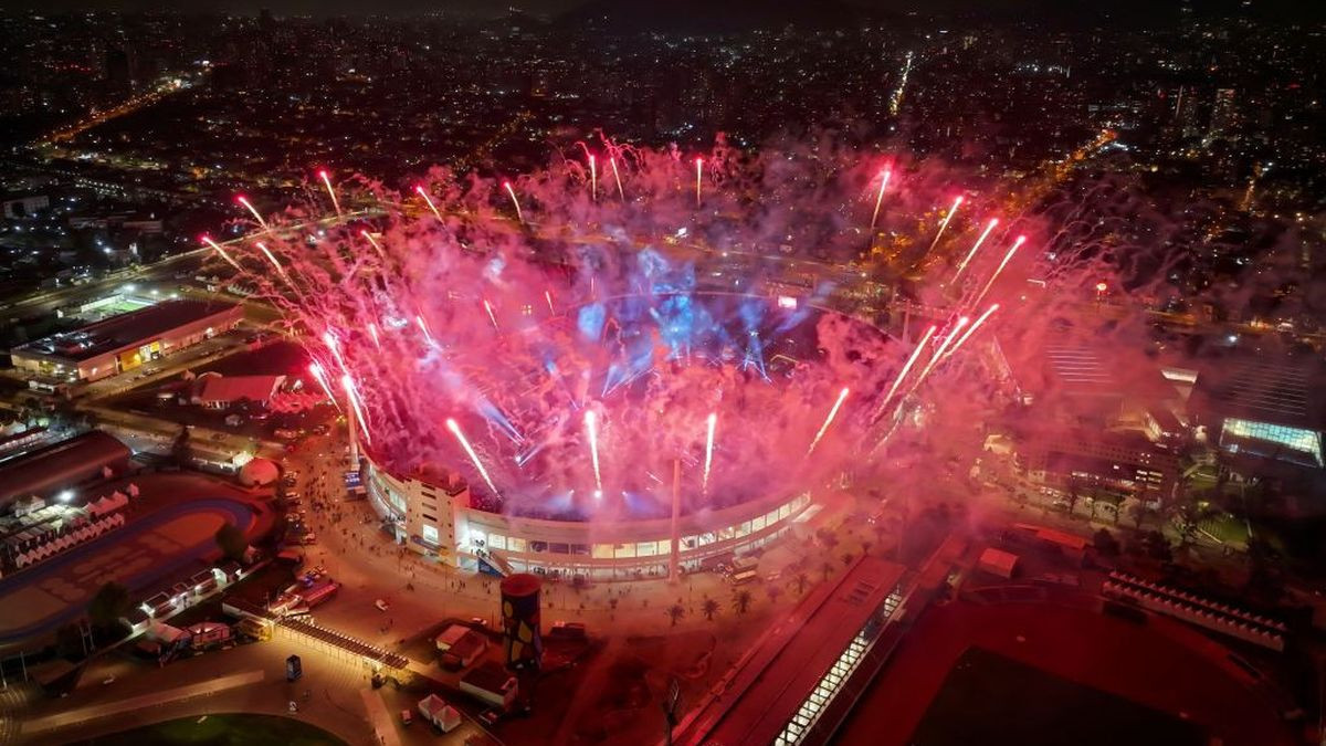 Fireworks at the National Stadium in the Chilean capital for the 2023 Pan American Games. GETTY IMAGES