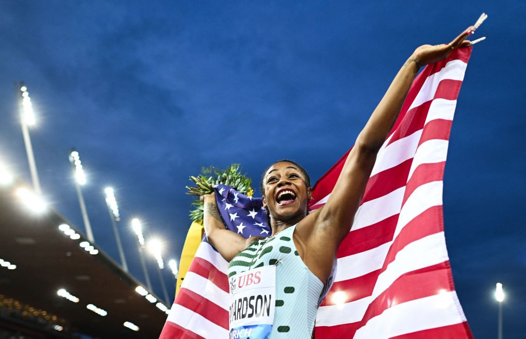 Sha'Carri Richardson celebrates after winning the women's 100m final during the Diamond League last year. GETTY IMAGES