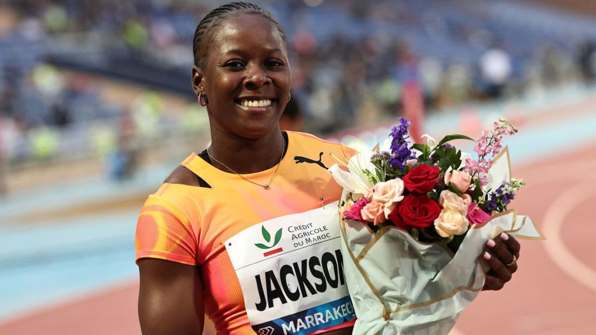 Jamaica's Shericka Jackson celebrates winning the Women's 200M during the IAAF Diamond League in Marrakesh on 19 May 2024. GETTY IMAGES