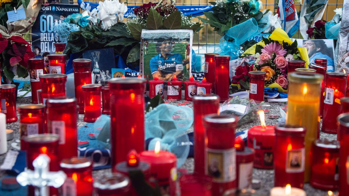 Tributes are seen on the fences in front of the San Paolo stadium (Now Maradona Stadium). GETTY IMAGES 