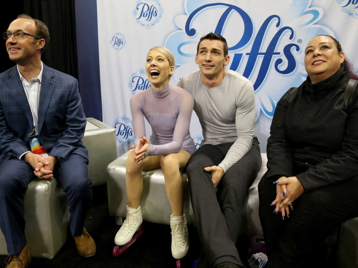Alexa Scimeca-Knierim and Christopher Knierim with their coaches Eddie Shipstad and Dalilah Sappenfield (right) in San Jose, California. GETTY IMAGES