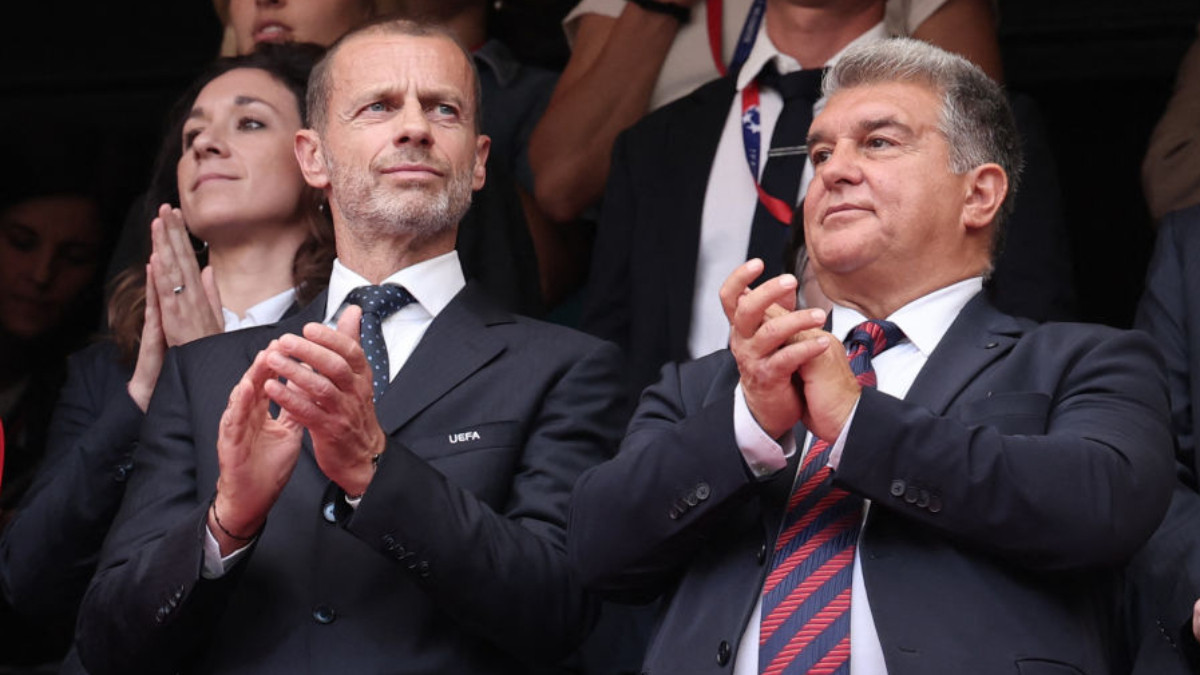 President of UEFA Aleksander Ceferin and FC Barcelona's President Joan Laporta attend the UEFA Women's Champions League final in Bilbao on 25 May 2024. GETTY IMAGES