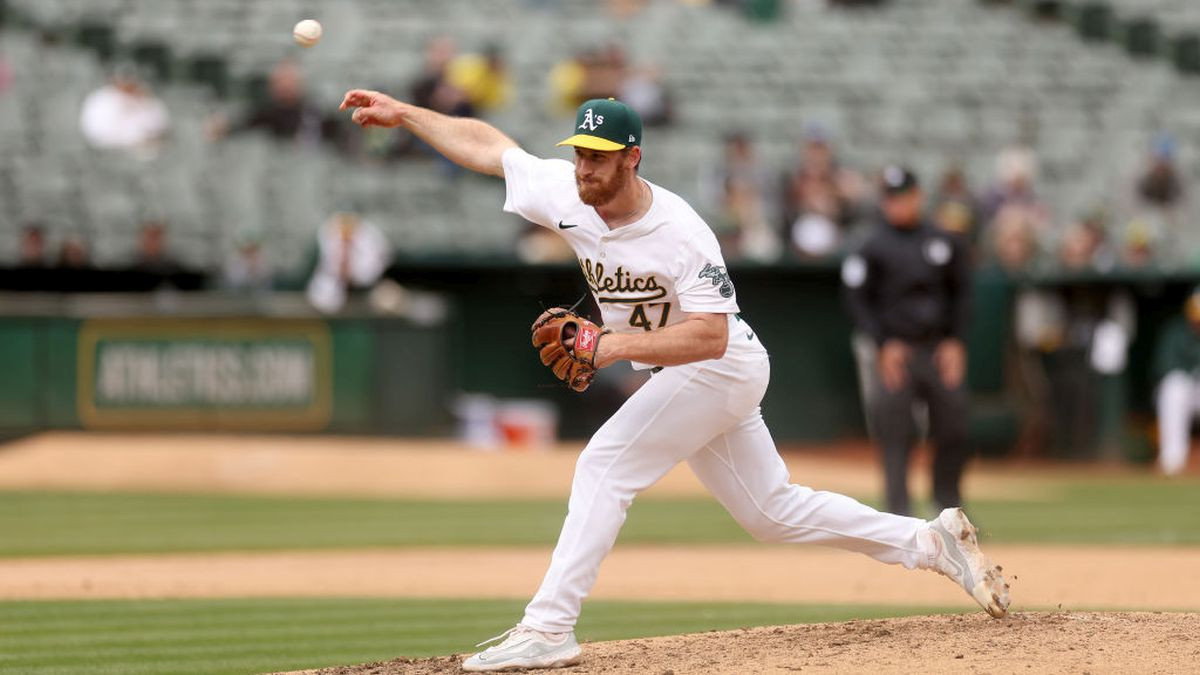 Michael Kelly of the Oakland Athletics pitches against the Boston Red Sox in the ninth inning at Oakland Coliseum on 3 April 2024 in Oakland, California. GETTY IMAGES