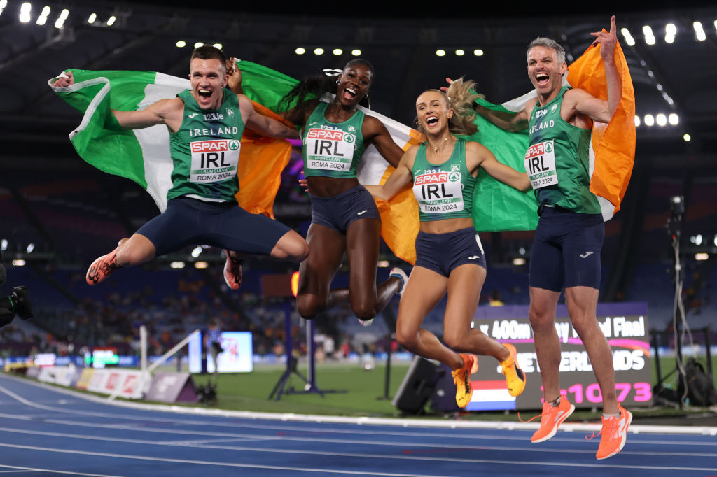 Gold medalists Christopher O'Donnell, Rhasidat Adeleke, Sharlene Mawdsley and Thomas Barr celebrate after winning in the 4x400 Metres Mixed Relay Final. GETTY IMAGES