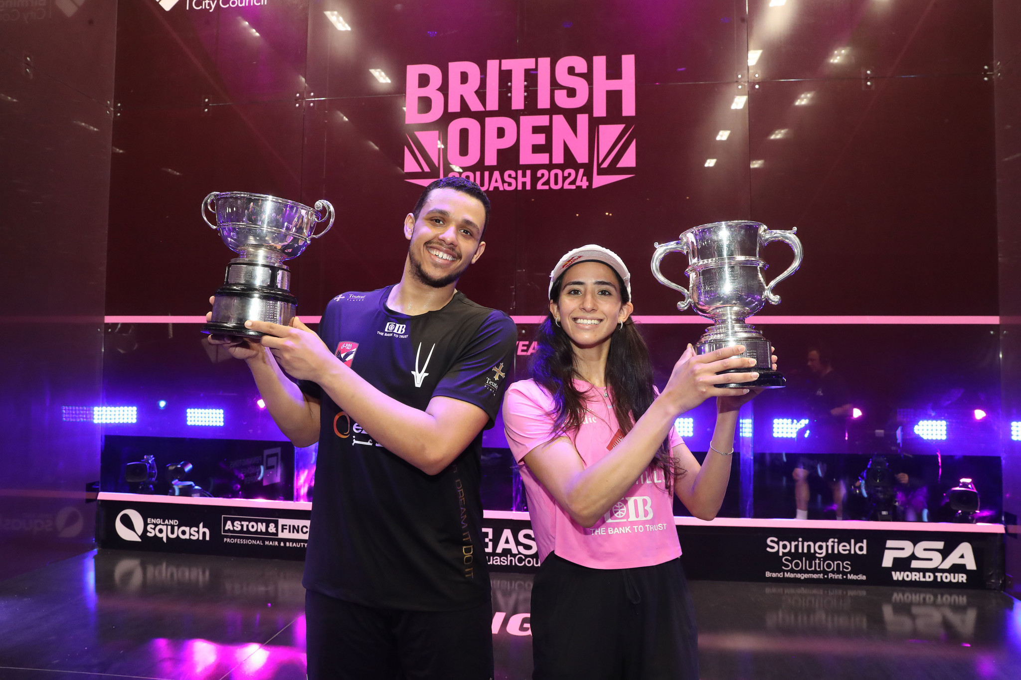 Mostafa Asal and Nouran Gohar both won the men's and women's British Open squash title in Birmingham, respectively. PSA WORLD TOUR
