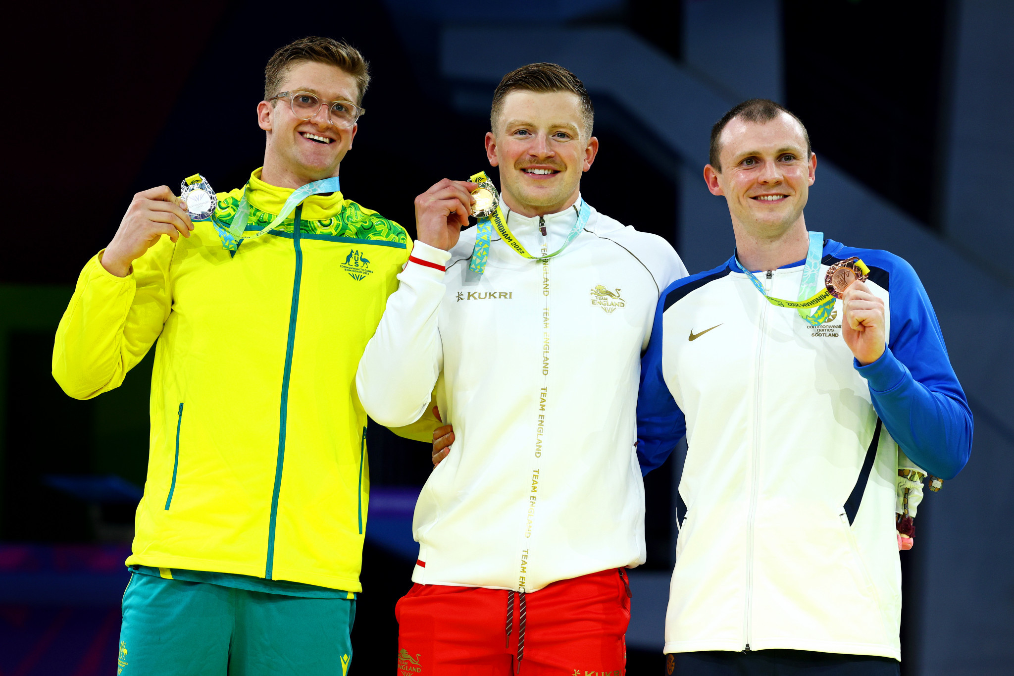 Sam Williamson (L) has issued a warning to Adam Peaty (C) as their rivalry heats up before Paris 2024. GETTY IMAGES