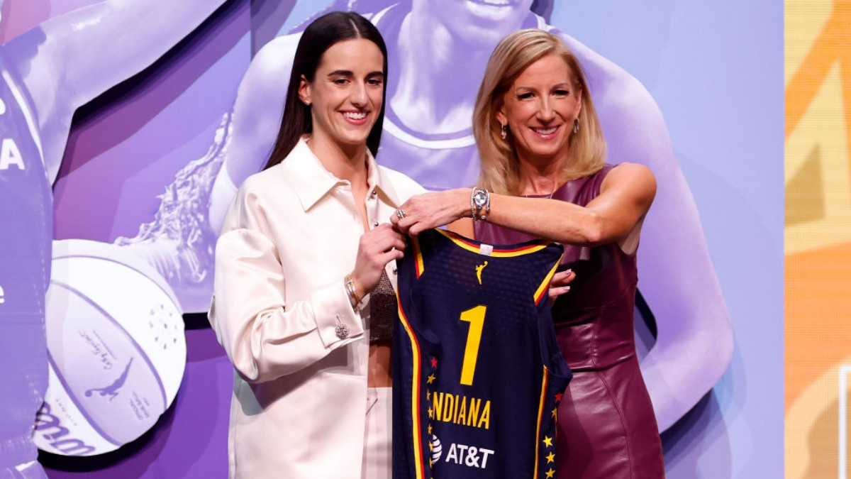 Caitlin Clark during her selection as the number one draft pick by Indiana Fever. GETTY IMAGES