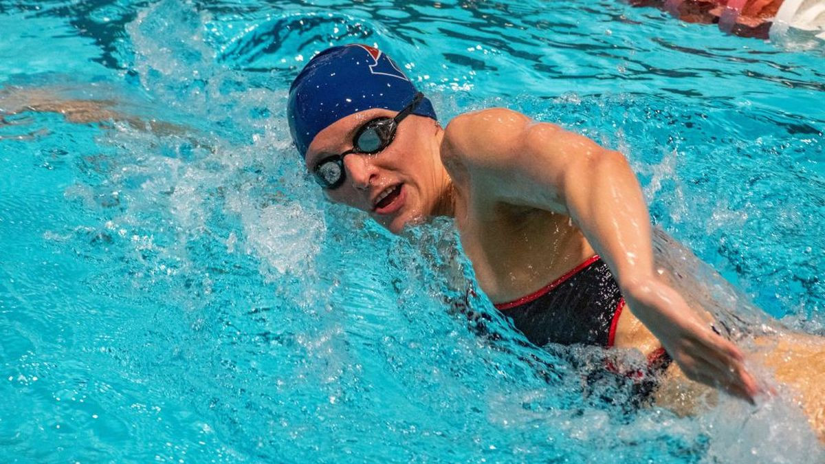 Lia Thomas swims for the University of Pennsylvania at an Ivy League swim meet against Harvard University in Cambridge, Massachusetts, on January 2022.