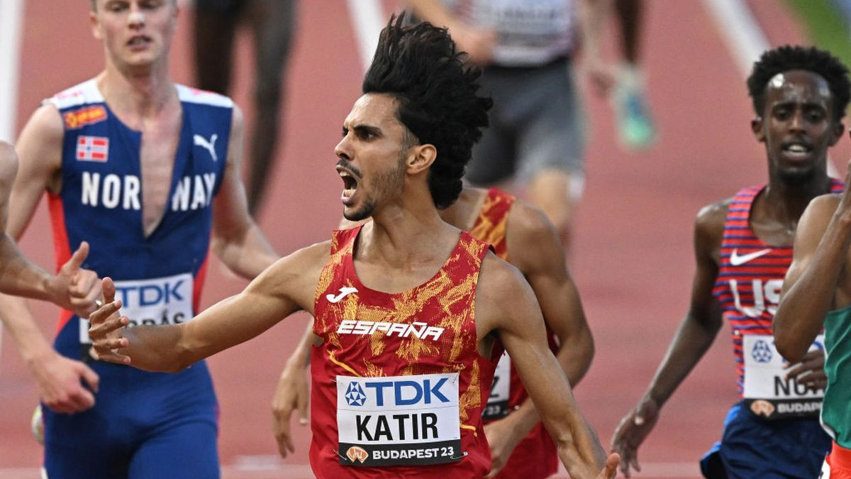 Mohamed Katir crosses the finish line in the men's 5000m heats during the World Athletics Championships on August 2023. GETTY IMAGES