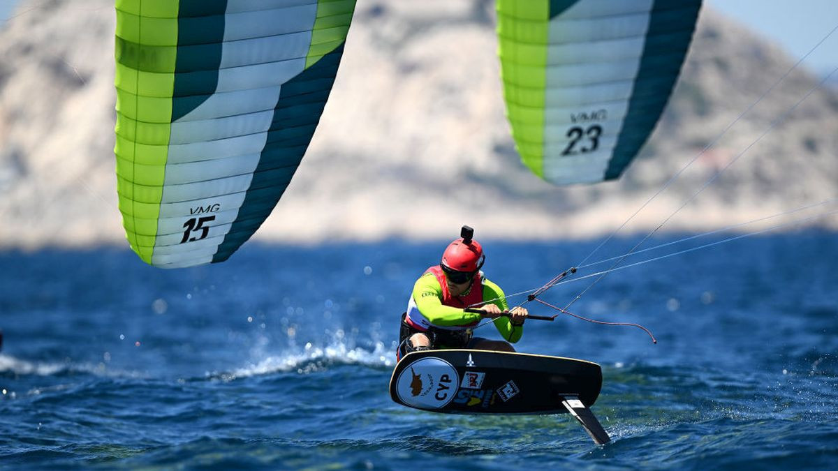 Denis Taradin of Cyprus during a Mens iQFOiL race during Day Six of the Paris 2024 Sailing Test Event at Marseille Marina on 14 July 2023. GETTY IMAGES
